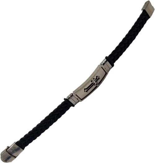 Βραχιόλι ανδρικό δέρμα ατσάλι Σταυρός