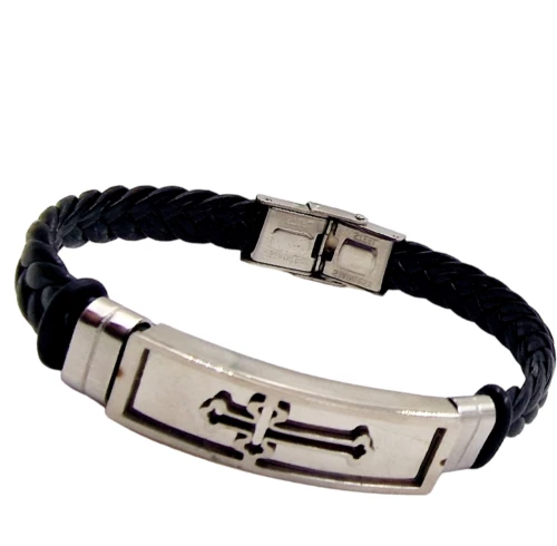 Βραχιόλι ανδρικό δέρμα ατσάλι Σταυρός