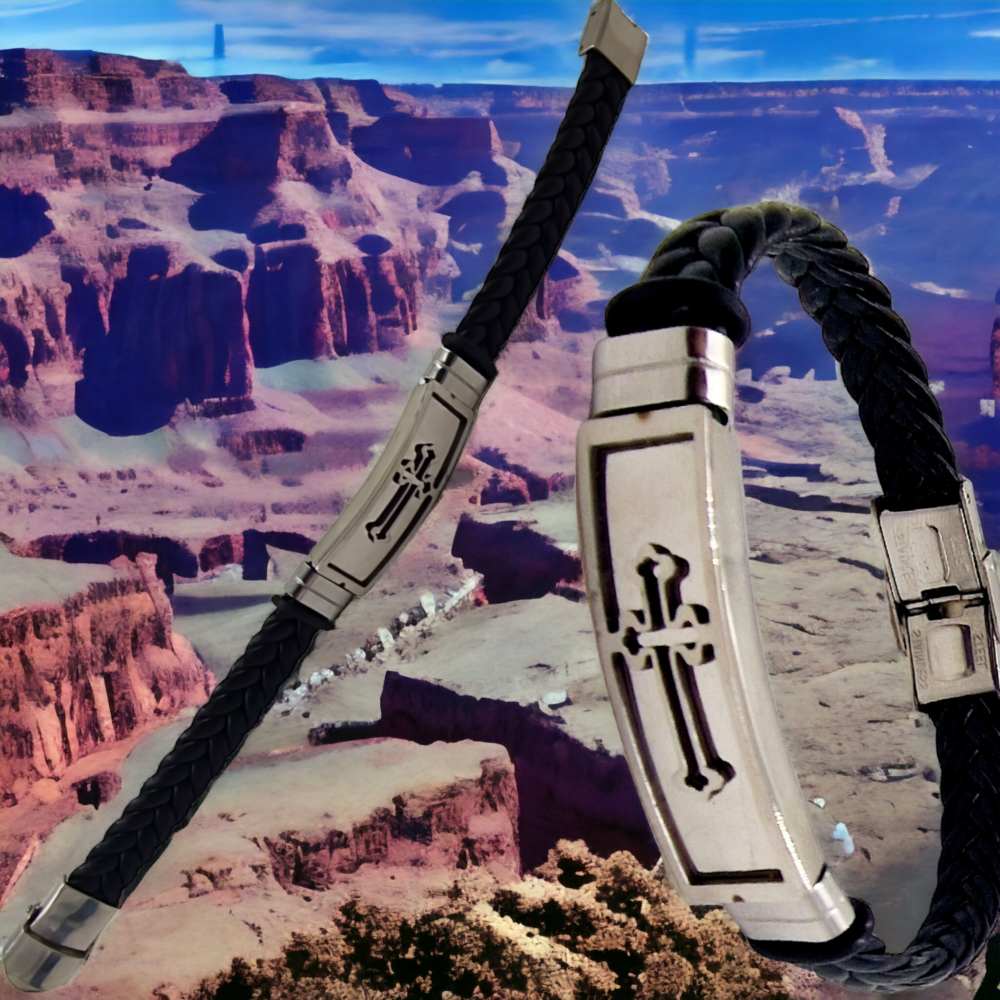 Βραχιόλι ανδρικό δέρμα ατσάλι Σταυρός