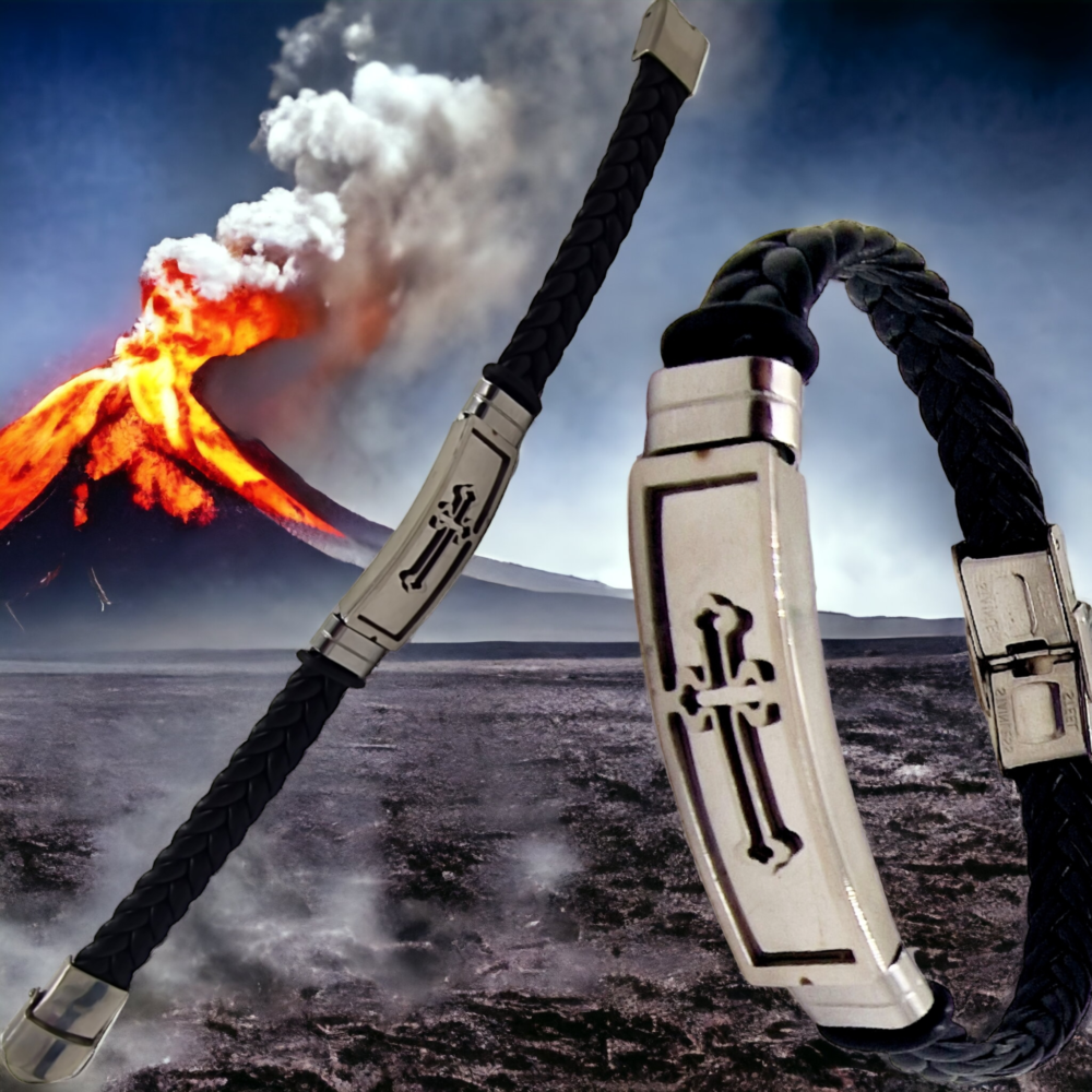 Βραχιόλι ανδρικό δέρμα ατσάλι Σταυρός