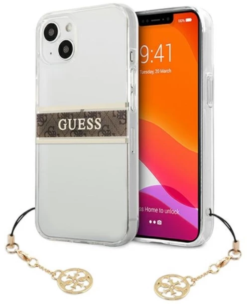 Guess 4G Stripe Brown Charm  - Case for iPhone 13 mini (Transparent)