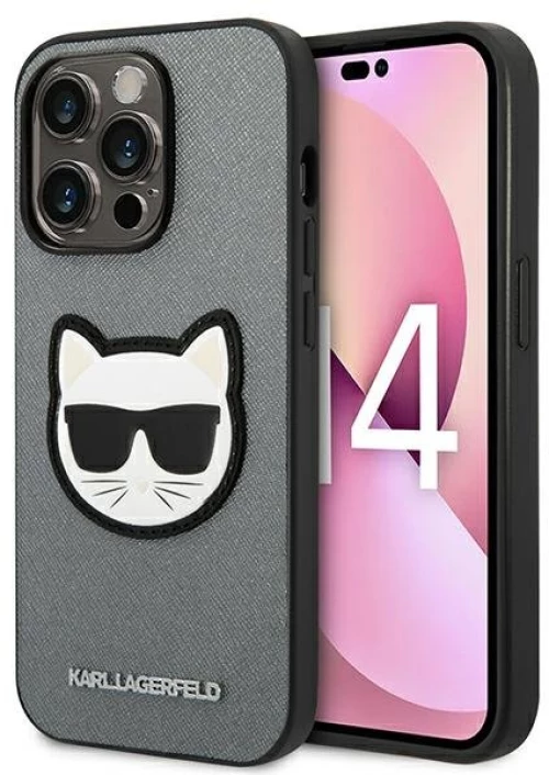 Karl Lagerfeld Saffiano Choupette Head Patch Case - Case for iPhone 14 Pro (Silver)