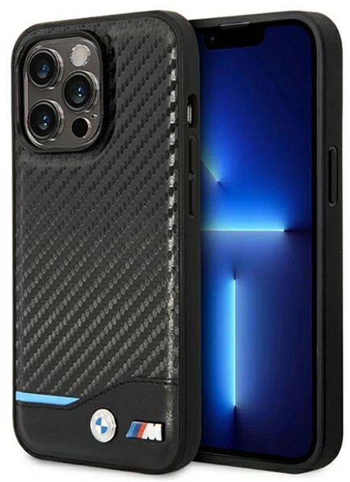 BMW Leather Carbon Blue Line - Case for iPhone 14 Pro (Black)