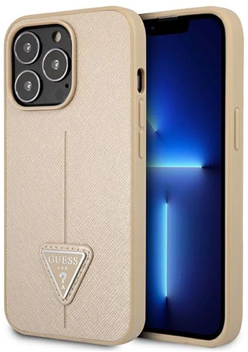 Guess Saffiano Triangle Logo Case - Case for iPhone 14 Pro Max (Beige)