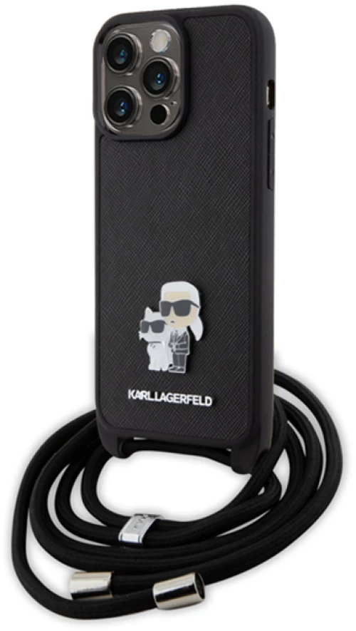 Karl Lagerfeld Crossbody Saffiano Metal Pin Karl & Choupette - Case for iPhone 15 Pro Max (Black)