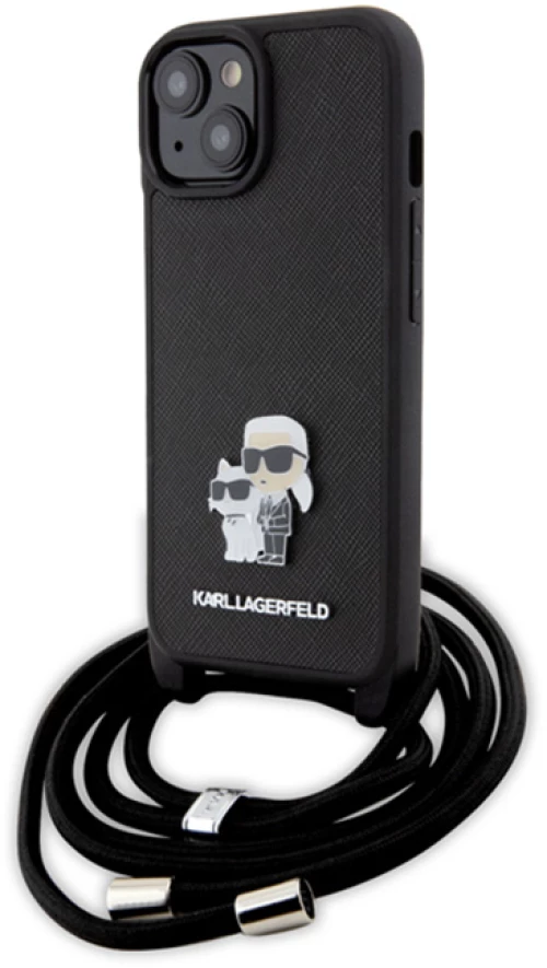 Karl Lagerfeld Crossbody Saffiano Metal Pin Karl & Choupette - Case for iPhone 15 (Black)