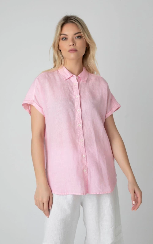 Πουκάμισο Γυναικείο Λινό Κοντομάνικο Pink