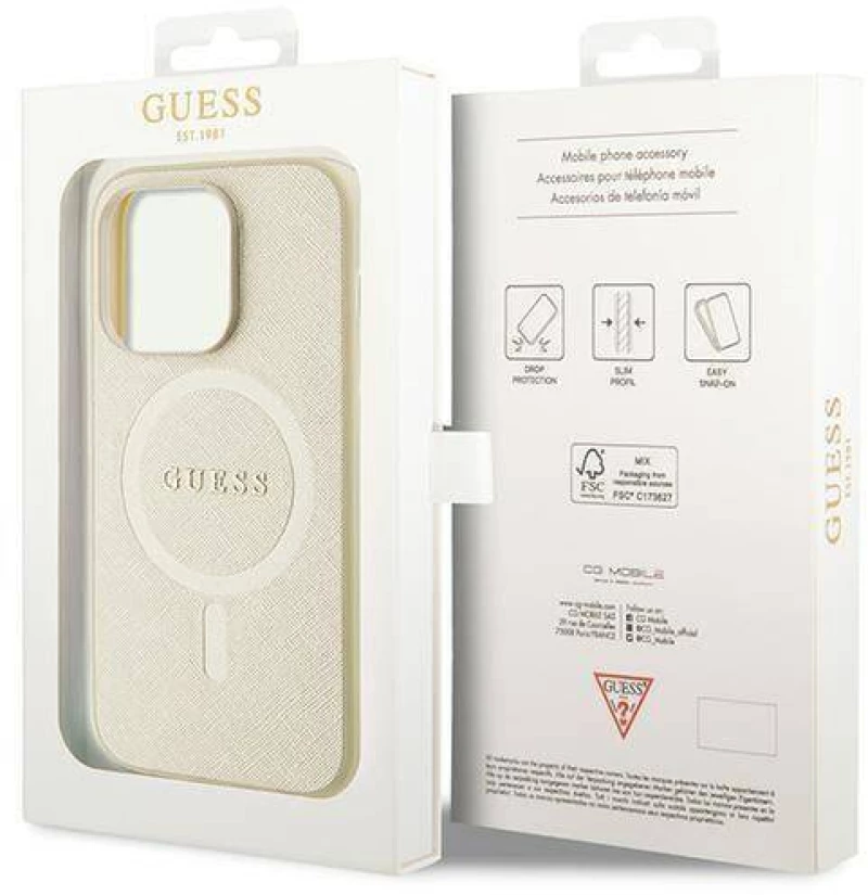 Original Case APPLE IPHONE 15 PRO MAX Guess Hardcase Saffiano MagSafe (GUHMP15XPSAHMCB) gold