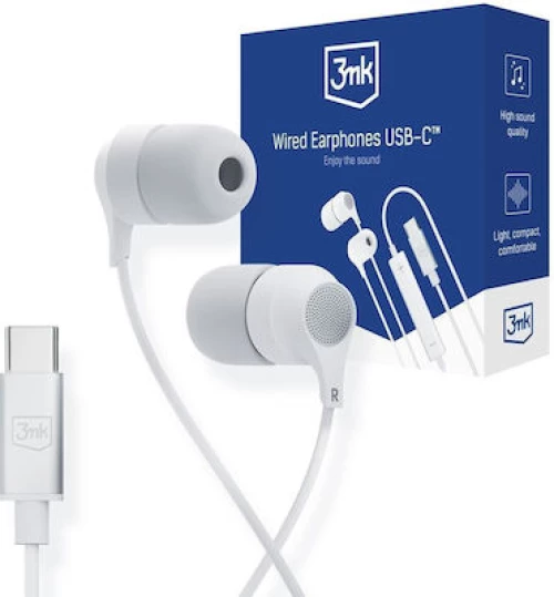 3MK® In-ear Handsfree Ακουστικά με Βύσμα USB-C - Λευκό