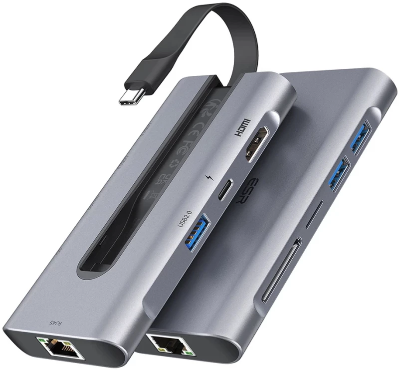 ESR - Hub 8in1, Docking Station - RJ45, 3 x USB, 2 x Type-C, HDMI, SD Card, Micro SD Card - Grey
