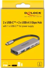 DELOCK USB hub 64239, 4x θυρών, 5Gbps, USB-C σύνδεση, γκρι