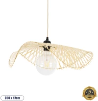 GloboStar® MELEMELE 01840 Boho Κρεμαστό Φωτιστικό Οροφής Μονόφωτο 1 x E27 AC220-240V IP20 - Φ50 x Υ7cm - Μπεζ Ξύλινο Μπαμπού Πλέγμα -