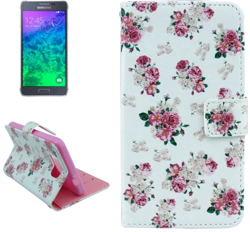 White And Rose Pattern Leather Case with Card Slots & Holder & Wallet for Galaxy Alpha (OEM)
