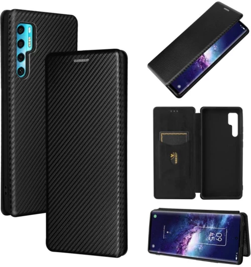 For TCL 20 Pro 5G Carbon Fiber Texture Horizontal Flip TPU + PC + PU Leather Case with Card Slot(Black) (OEM)