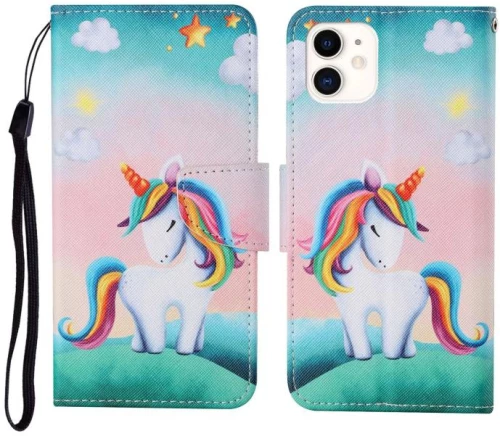 Για το iPhone 12 mini οριζόντια ανοιγόμενη με ζωγραφιά δερμάτινη θήκη (μονόκερος) (OEM)