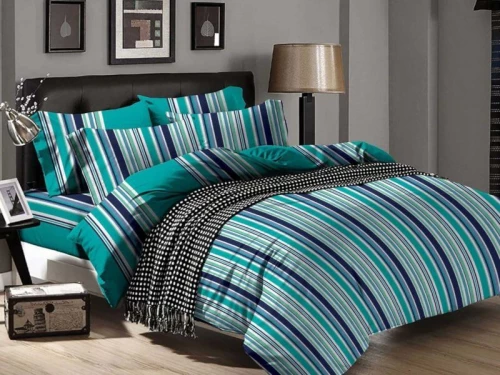 Σετ Σεντόνια Πετρόλ Ριγέ 100% Βαμβακερά Γαρύφαλλο - 220x260, Με Λάστιχο 160x200+30