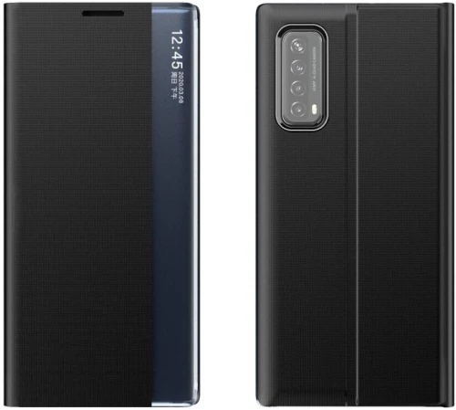 For Huawei P smart 2021 / Y7a Side Display Magnetic Horizontal Flip Plain Texture Cloth + PC Case with Holder & Sleep / Wake-up Function(Black) (OEM)