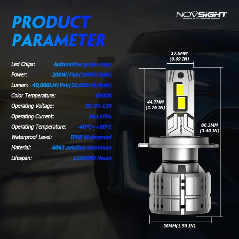 NOVSIGHT H4 LED 12V 200W 40000LM 6500K IP68 A500 N60 2 x 100W