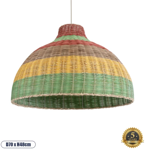 GloboStar® CABALLEROS 02054 Boho Επιτραπέζιο Φωτιστικό Μονόφωτο 1 x E27 AC220-240V IP20 - Φ70 x Υ48cm - Πράσινο με Κίτρινο και Μπεζ με Κόκκινο Ξύλινο Μπαμπού Πλέγμα Καμπάνα -