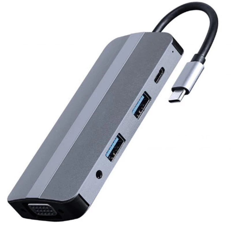 CABLEXPERT USB TYPE-C 8IN1 MULTI-PORT ADAPTER (HUB+HDMI+VGA+PD+CARD READER+STEREO AUDIO) SILVER