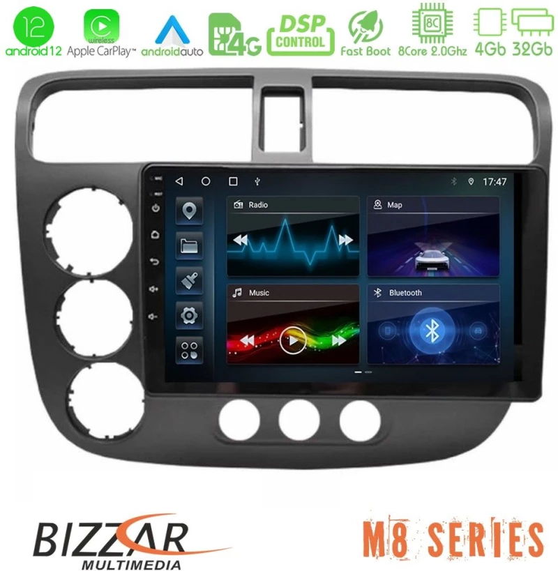 Bizzar m8 Series Honda Civic 2001-2005 8core Android13 4+32gb Navigation Multimedia Tablet 9 u-m8-Hd174n