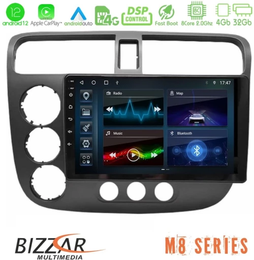 Bizzar m8 Series Honda Civic 2001-2005 8core Android13 4+32gb Navigation Multimedia Tablet 9 u-m8-Hd174n