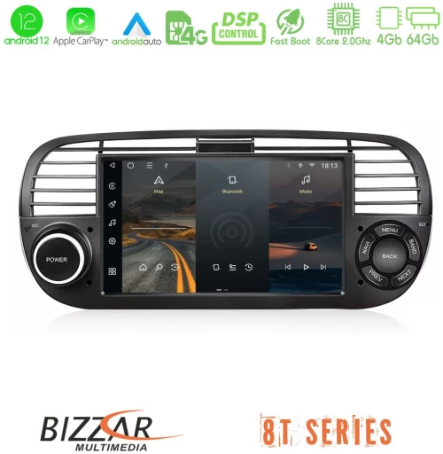 Bizzar oem Fiat 500 2008-2015 8core Android12 4+64gb Navigation Multimedia Deckless 7 με Carplay/androidauto u-8t-Ft315bl