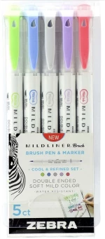 Zebra Mildliner Double Ended Brush Pen & Marker Bold & Fine Point 5 Pack Cool & Refined Set (ZB-79205) (ZEB79205)
