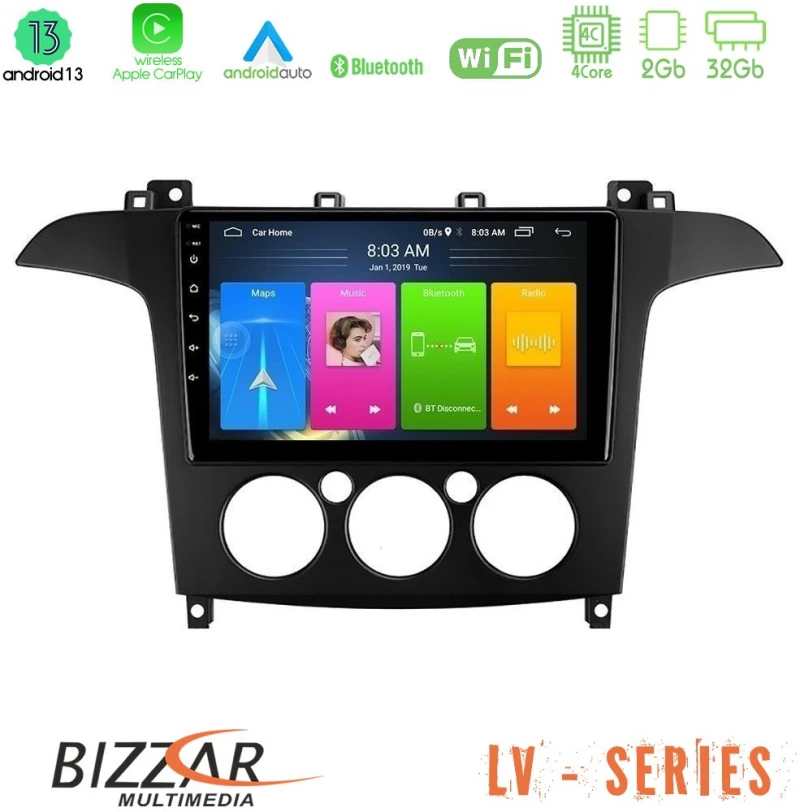 Bizzar lv Series Ford s-max 2006-2008 (Manual A/c) 4core Android 13 2+32gb Navigation Multimedia Tablet 9 u-lv-Fd408