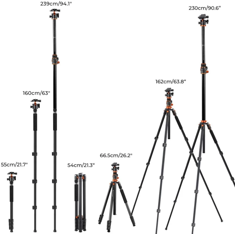 K&F Concept T254A7+BH-28L Magnesium Aluminum Tripod, Rotatable Multi-Angle Center & Detachable Monopod (KF09.119)