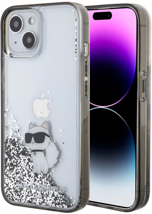 Karl Lagerfeld Ikonik Case Choupette Θήκη προστασίας από Liquid σιλικόνη – iPhone 15 (Clear / Silver Glitter – KLHCP15SLKCNSK)