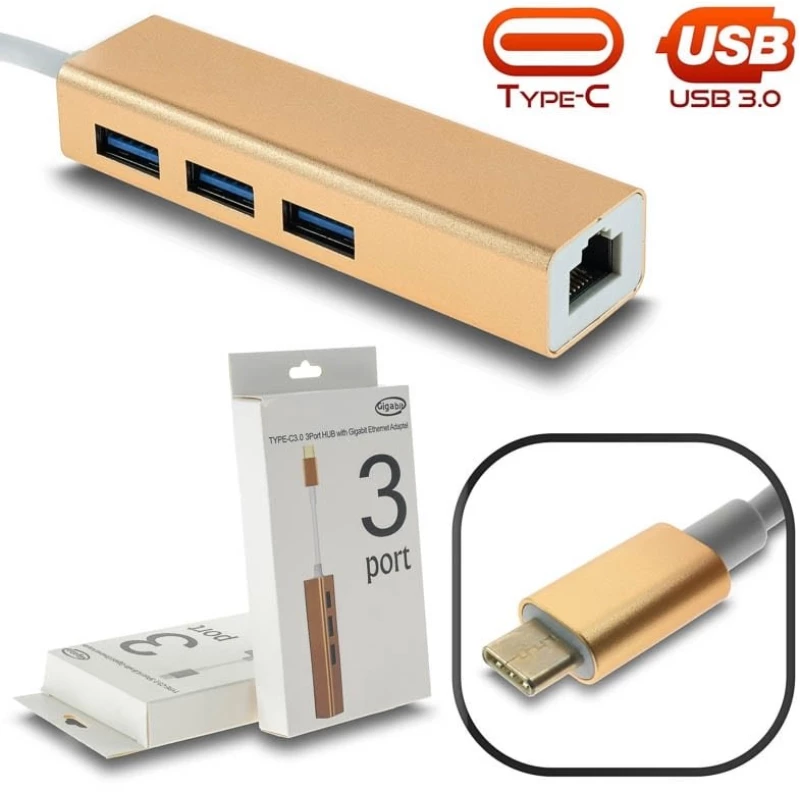 Type-c 3.0 hub x3 + gigabit ethernet gold metal