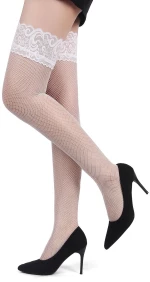 White Fishnets Thigh High Stockings Silicone Lace Top Stay Up Sheer Hosiery