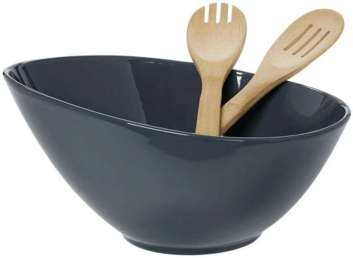 Σαλατιέρα Πορσελάνινη Με Κουτάλες Bamboo (Σετ 3Τμχ) 26.000.931 Iron Grey Cryspo Trio Ανοξείδωτο,Ξύλο