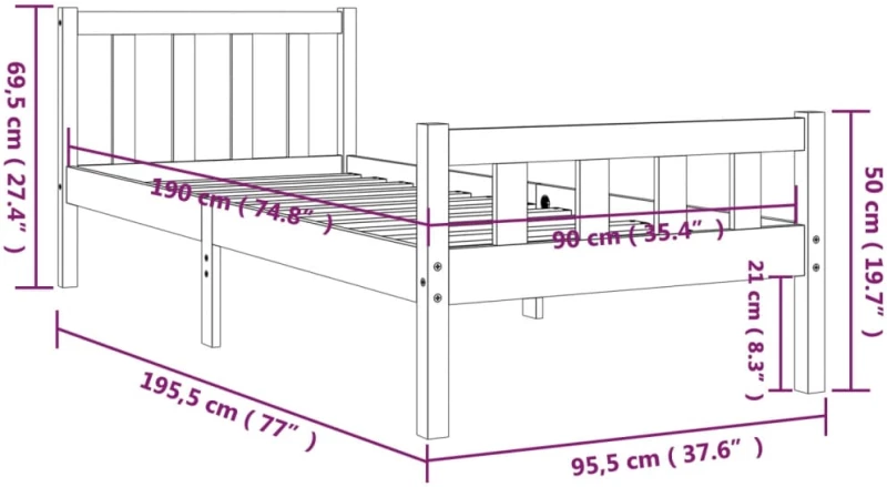 ΠΛΑΙΣΙΟ ΚΡΕΒΑΤΙΟΥ 90 X 190 ΕΚ. ΑΠΟ ΜΑΣΙΦ ΞΥΛΟ 3FT SINGLE 810644