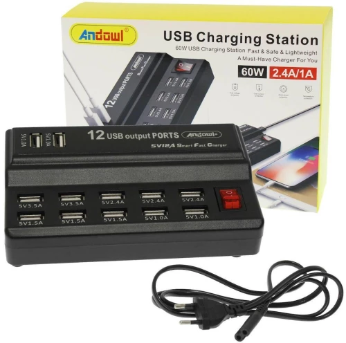 Andowl Βάση Φόρτισης με 12 Θύρες USB-A 60W σε Μαύρο χρώμα (Q-CD10P)