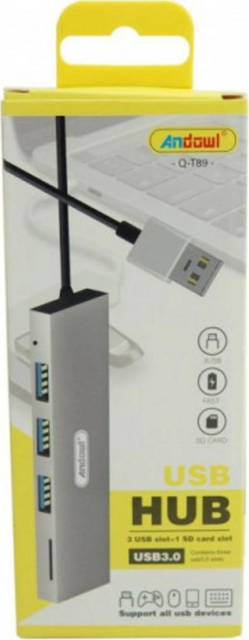 Andowl Q-T89 USB 3.0 Hub 3 Θυρών με σύνδεση USB-A Ασημί