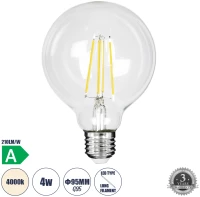 GloboStar® 99092 Λάμπα LED Long Filament E27 G95 Γλόμπος 4W 840lm 360° AC 220-240V IP20 Φ9.5 x Υ13.8cm Φυσικό Λευκό 4000K με Διάφανο Γυαλί - Pro Series 210lm/W - A Ενεργειακή Κλάση -
