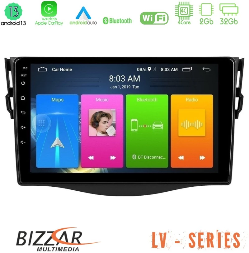 Bizzar LV Series Toyota RAV4 4Core Android 13 2+32GB Navigation Multimedia Tablet 9"