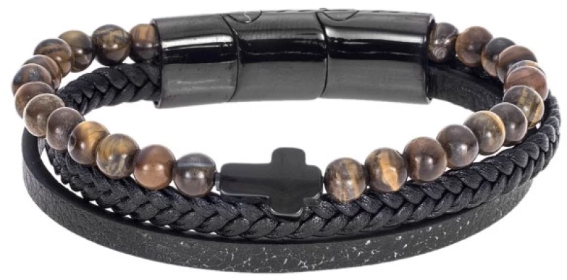 Βραχιόλι Senza Men`s Steel Black Leather Strap with Cross SSD4968BBKBN