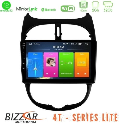 Bizzar 4T Series Peugeot 206 4Core Android12 2+32GB Navigation Multimedia Tablet 9"