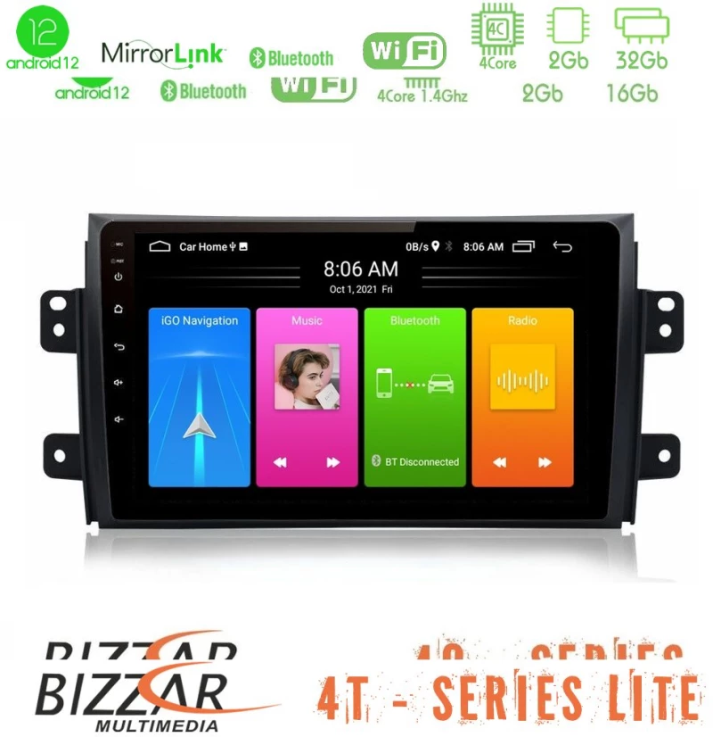 Bizzar 4T Series Suzuki SX4 2006-2014 Fiat Sedici 2006-2014 4Core Android12 2+32GB Navigation Multimedia Tablet 9"