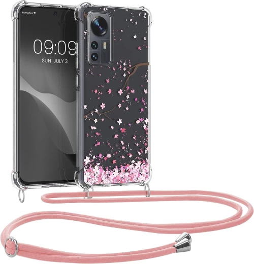 KWmobile Διάφανη Θήκη Σιλικόνης με Λουράκι Λαιμού - Xiaomi 12 / 12X - Cherry Blossoms / Cherry Petals / Pink / Dark Brown / Transparent (58199.01)