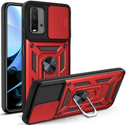 Bodycell Armor Slide - Ανθεκτική Θήκη Xiaomi Redmi 9T με Κάλυμμα για την Κάμερα & Μεταλλικό Ring Holder - Red (5206015015236)