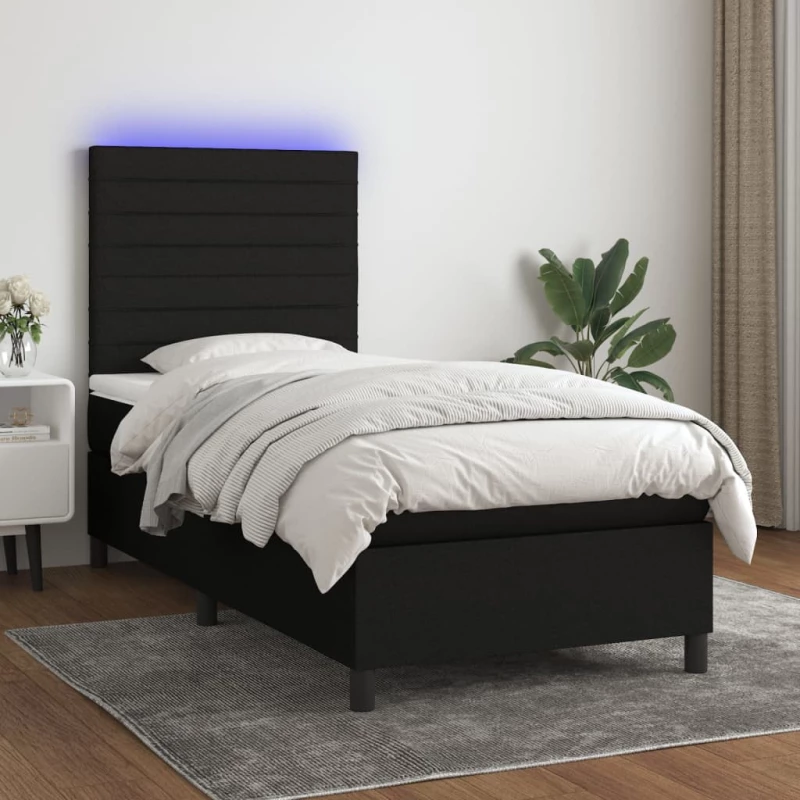 Κρεβάτι Boxspring με Στρώμα & LED Μαύρο 90x190 εκ. Υφασμάτινο Μαύρο 3134919