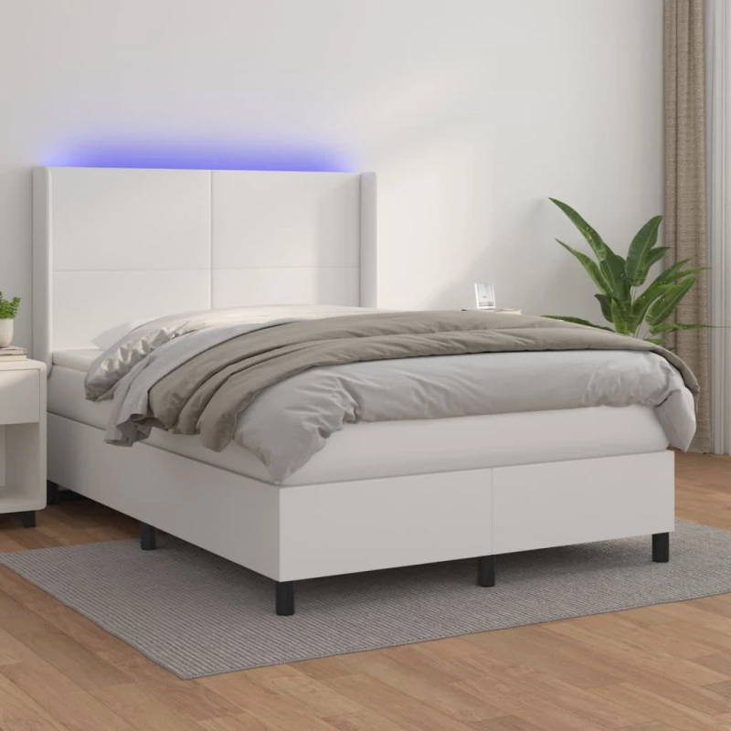 Κρεβάτι Boxspring με Στρώμα & LED Λευκό 140x200 εκ. Συνθ. Δέρμα Λευκό 3139266