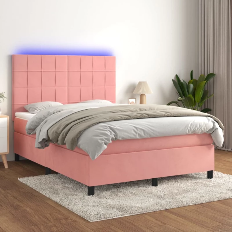 Κρεβάτι Boxspring με Στρώμα & LED Ροζ 140x190 εκ. Βελούδινο Ροζ 3136124