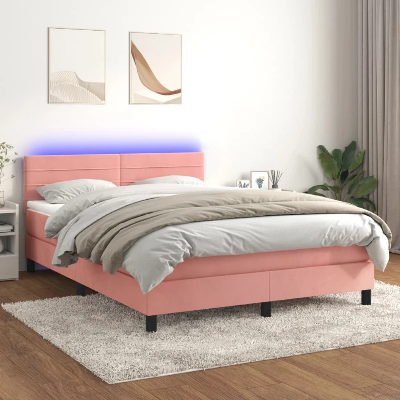 Κρεβάτι Boxspring με Στρώμα & LED Ροζ 140x190 εκ. Βελούδινο Ροζ 3134464