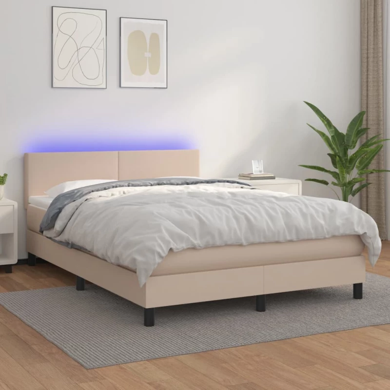 Κρεβάτι Boxspring Στρώμα&LED Καπουτσίνο 140x200 εκ. Συνθ. Δέρμα Καφέ 3134110