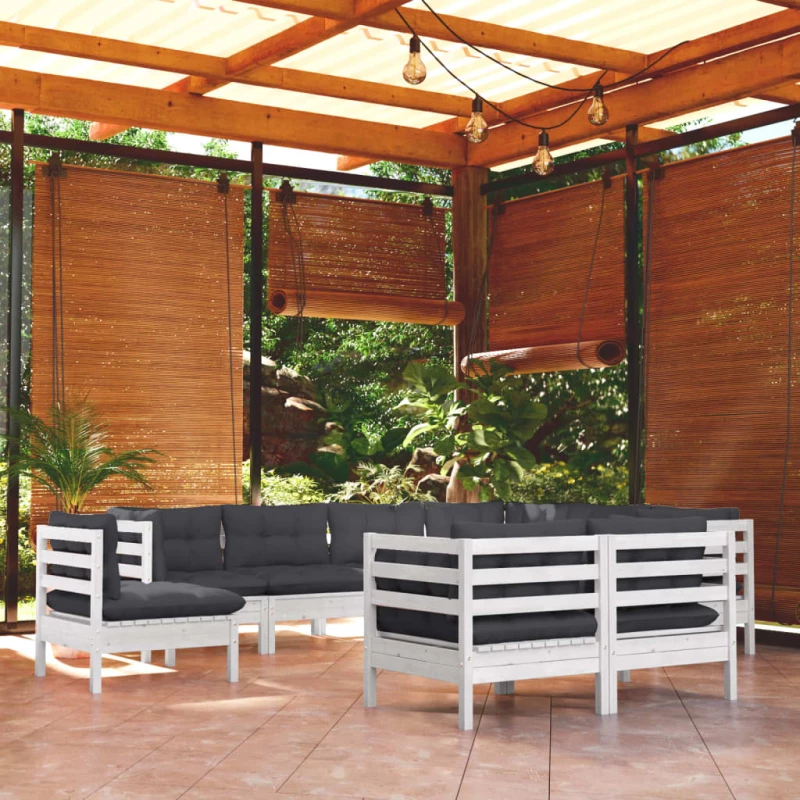 Σαλόνι Κήπου Σετ 9 Τεμαχίων Λευκό από Ξύλο Πεύκου με Μαξιλάρια Λευκό 3096768